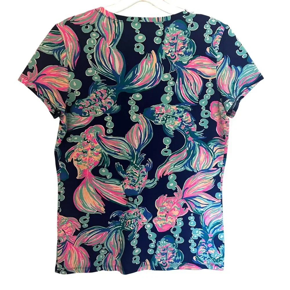 Lilly Pulitzer Michele Tee Womens Medium Blue Going Coastal Print Jersey Top